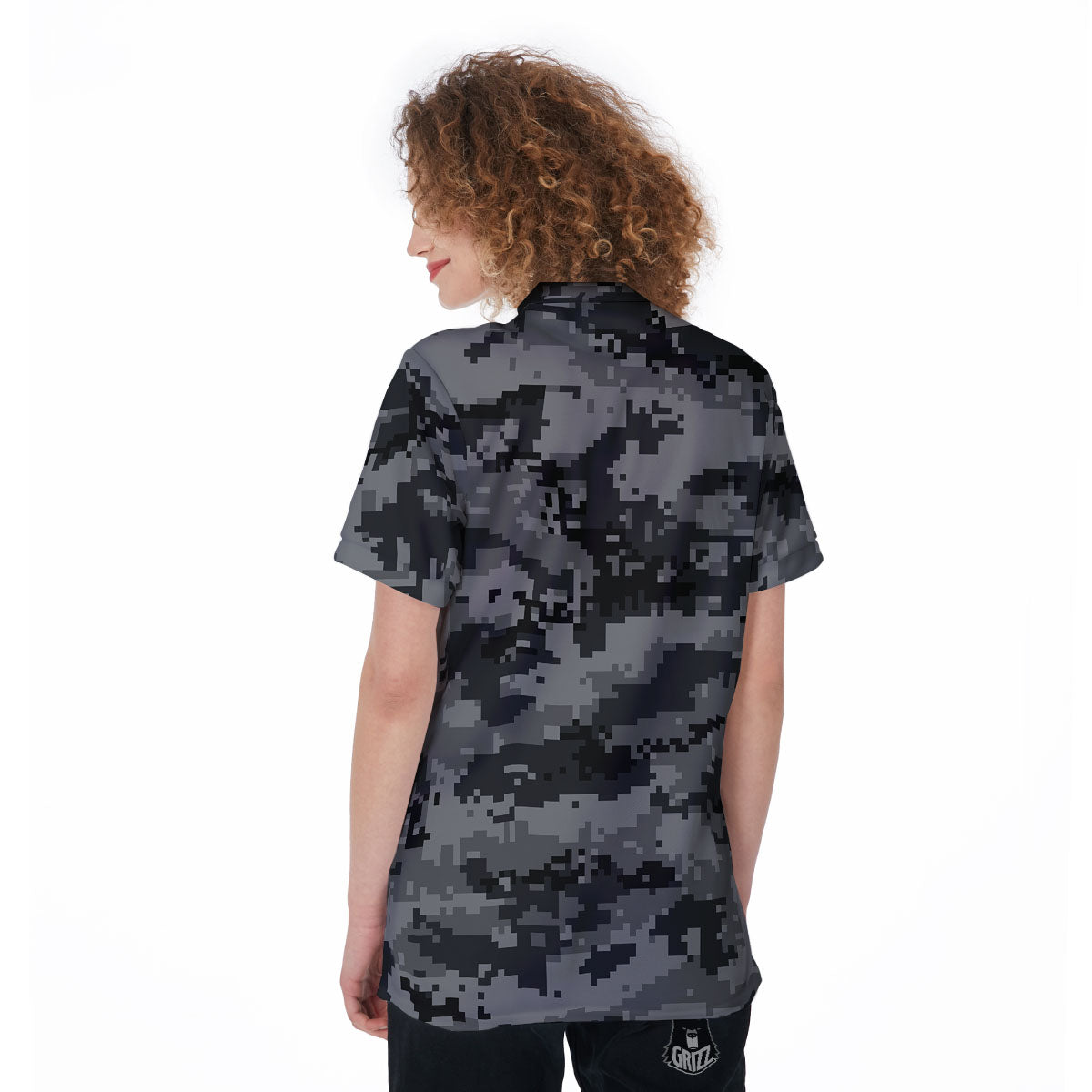 Digital Camo Grey And Black Print Women's Golf Shirts-grizzshop