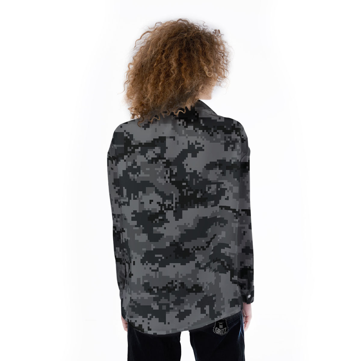 Digital Camo Grey And Black Print Women's Long Sleeve Shirts-grizzshop