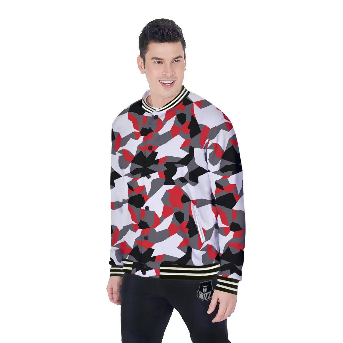 Digital Camo Grey And Red Print Pattern Baseball Jacket-grizzshop