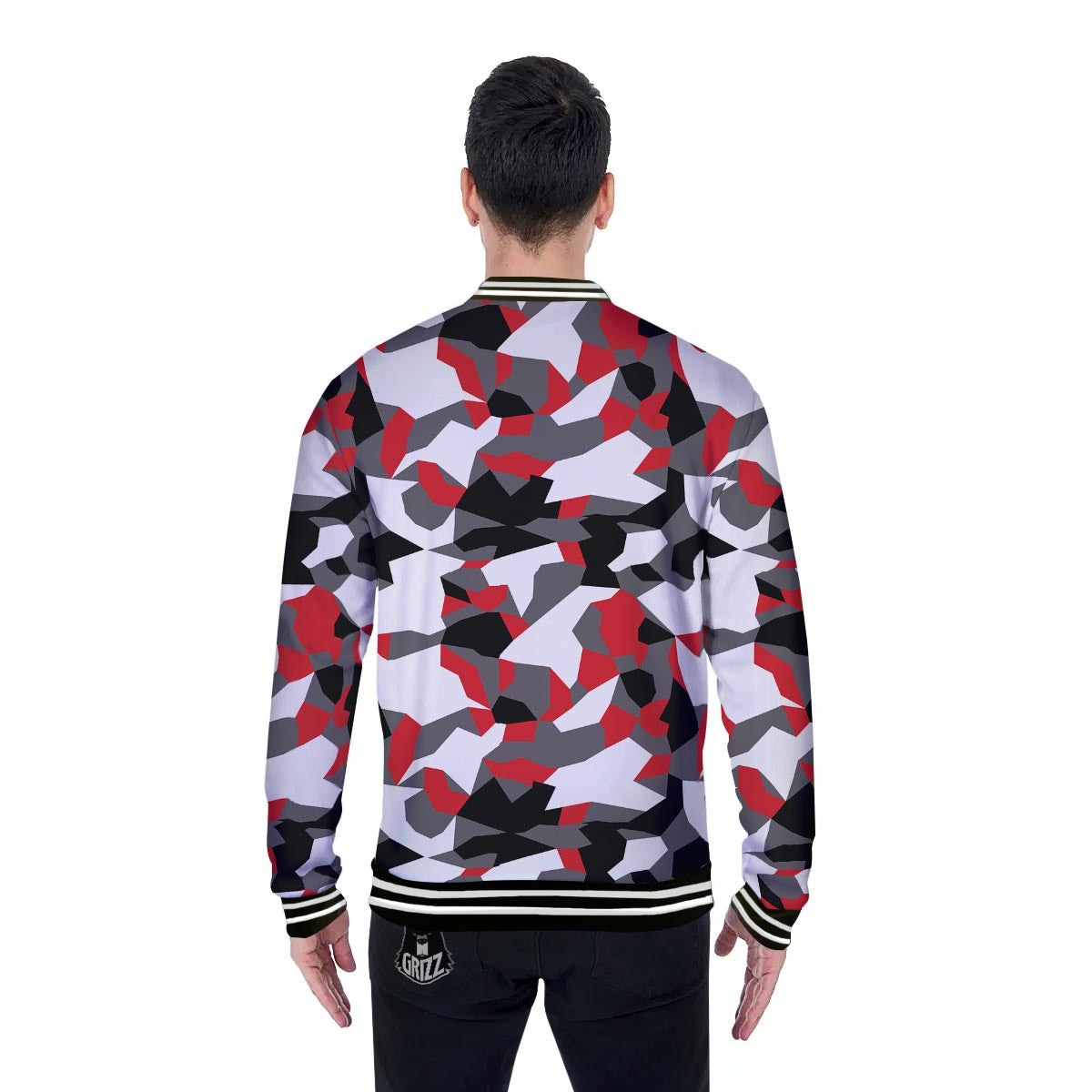 Digital Camo Grey And Red Print Pattern Baseball Jacket-grizzshop