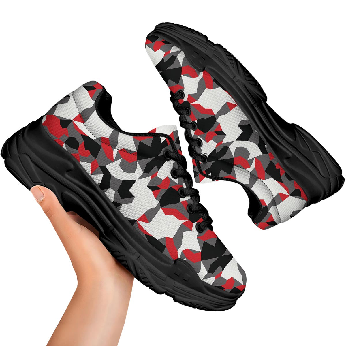 Digital Camo Grey And Red Print Pattern Black Chunky Shoes-grizzshop