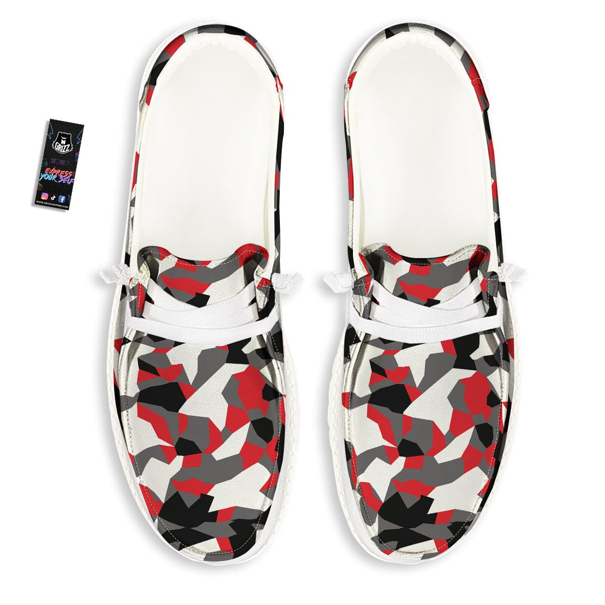 Digital Camo Grey And Red Print Pattern Black Loafers-grizzshop