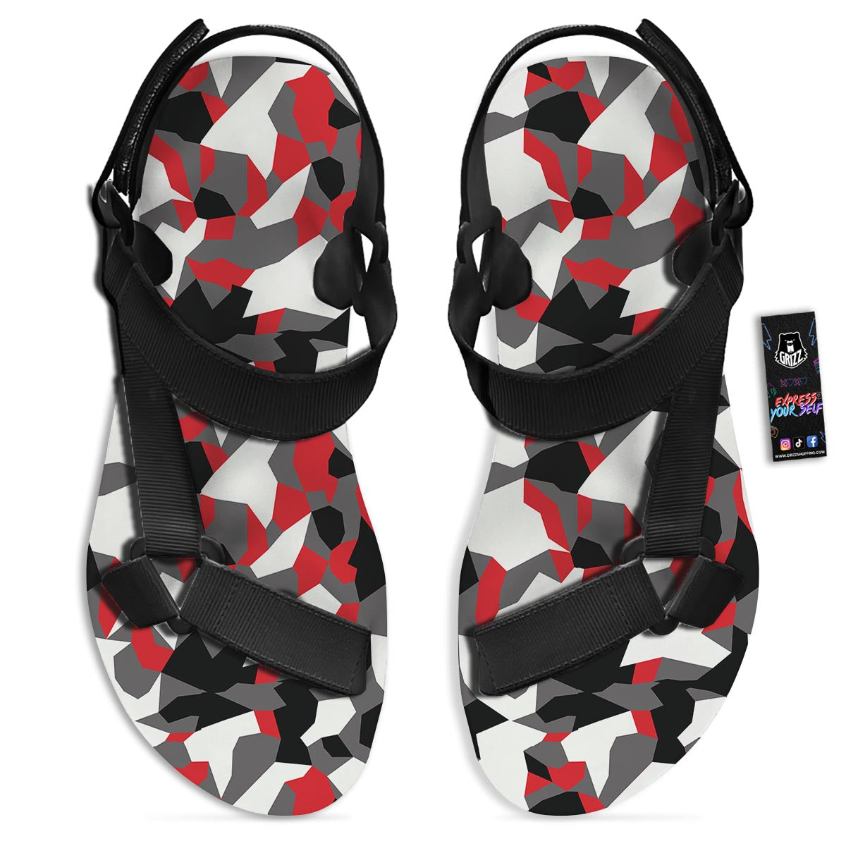 Digital Camo Grey And Red Print Pattern Black Open Toe Sandals-grizzshop