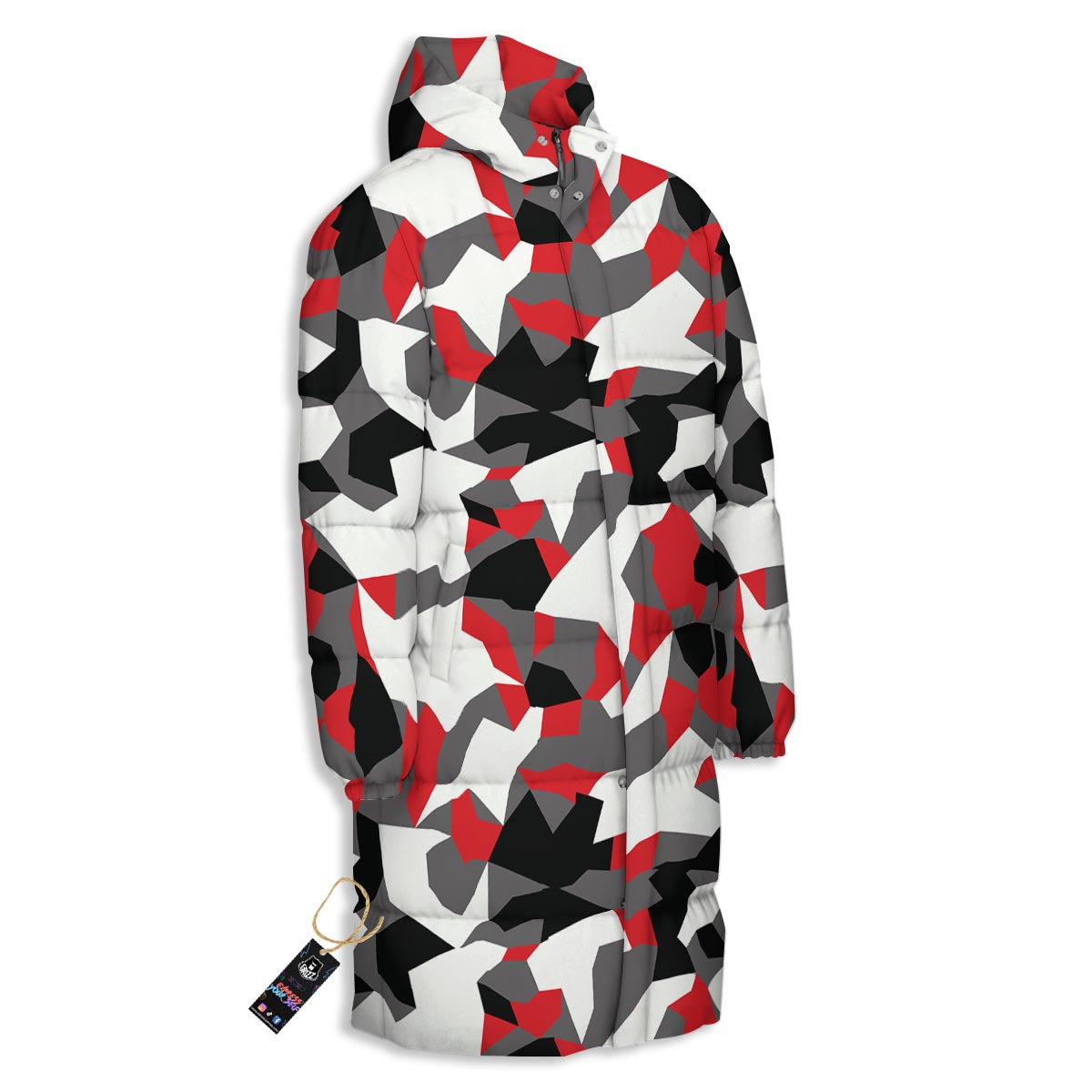 Digital Camo Grey And Red Print Pattern Long Down Jacket-grizzshop
