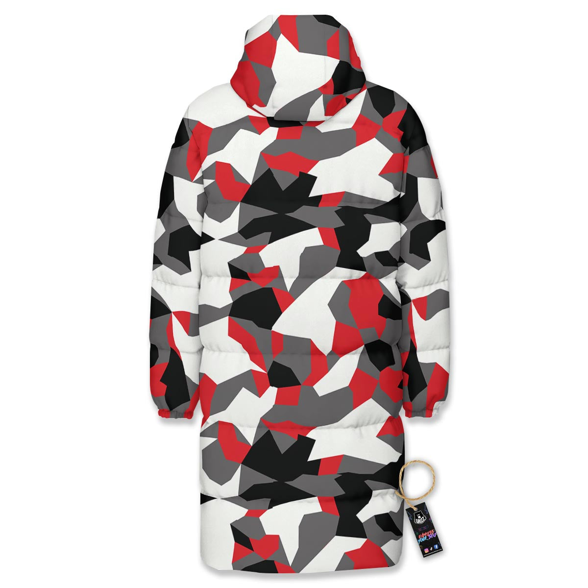 Digital Camo Grey And Red Print Pattern Long Down Jacket-grizzshop