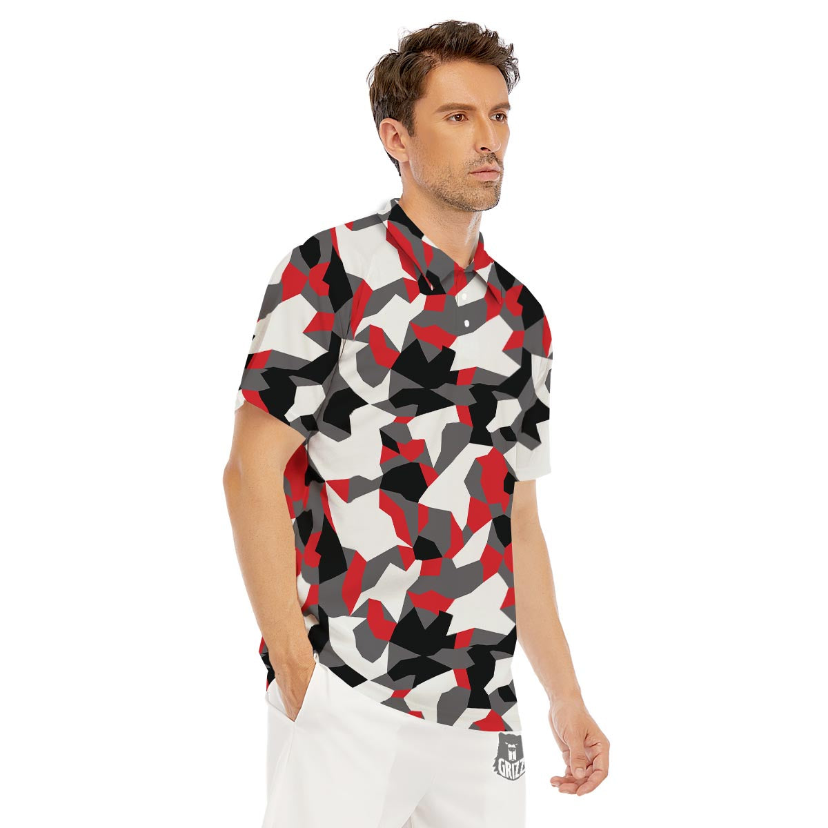 Digital Camo Grey And Red Print Pattern Men's Golf Shirts-grizzshop