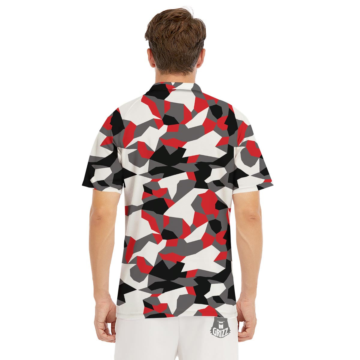 Digital Camo Grey And Red Print Pattern Men's Golf Shirts-grizzshop