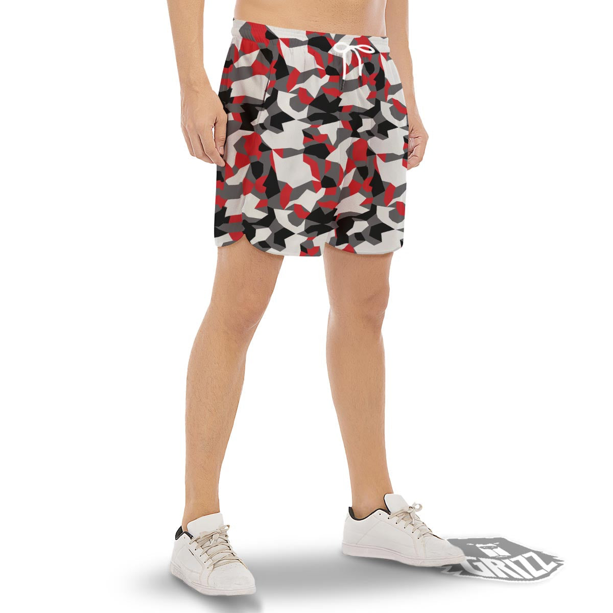 Digital Camo Grey And Red Print Pattern Men's Gym Shorts-grizzshop