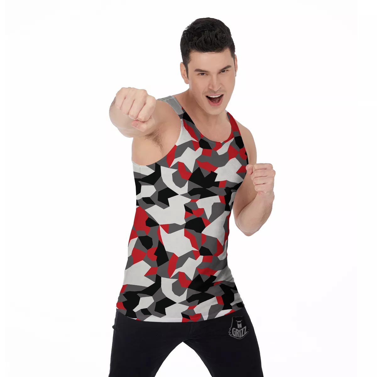 Digital Camo Grey And Red Print Pattern Men's Tank Top-grizzshop