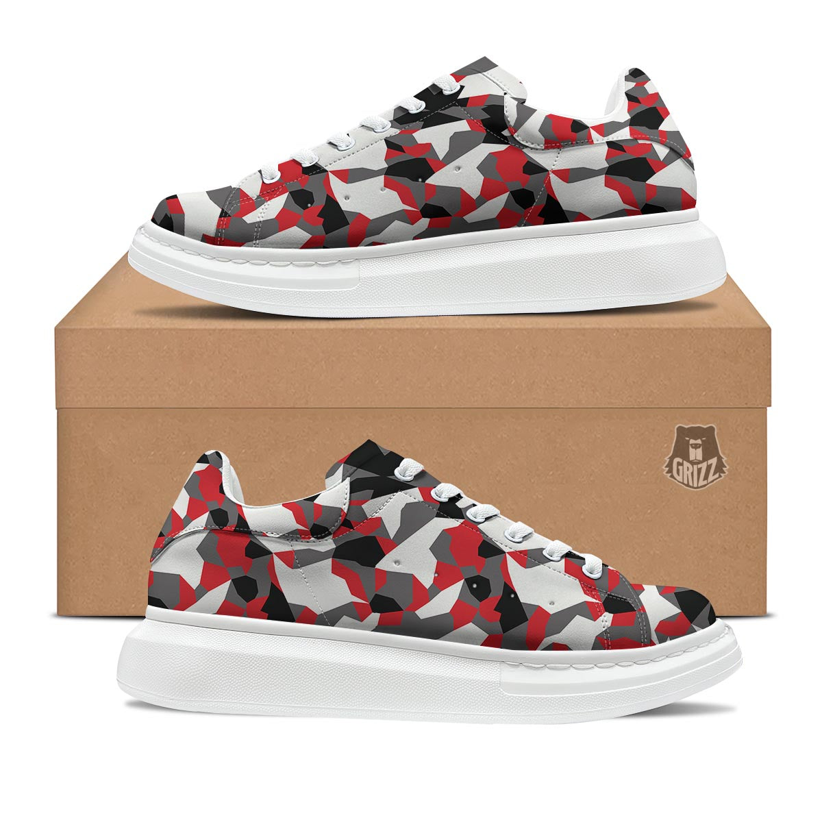 Digital Camo Grey And Red Print Pattern Platform Shoes-grizzshop