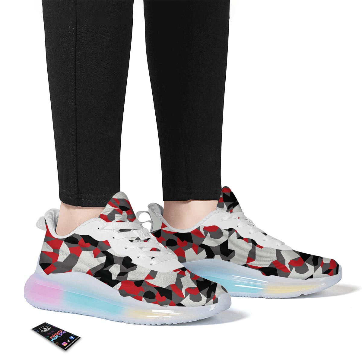 Digital Camo Grey And Red Print Pattern Running Sneakers-grizzshop