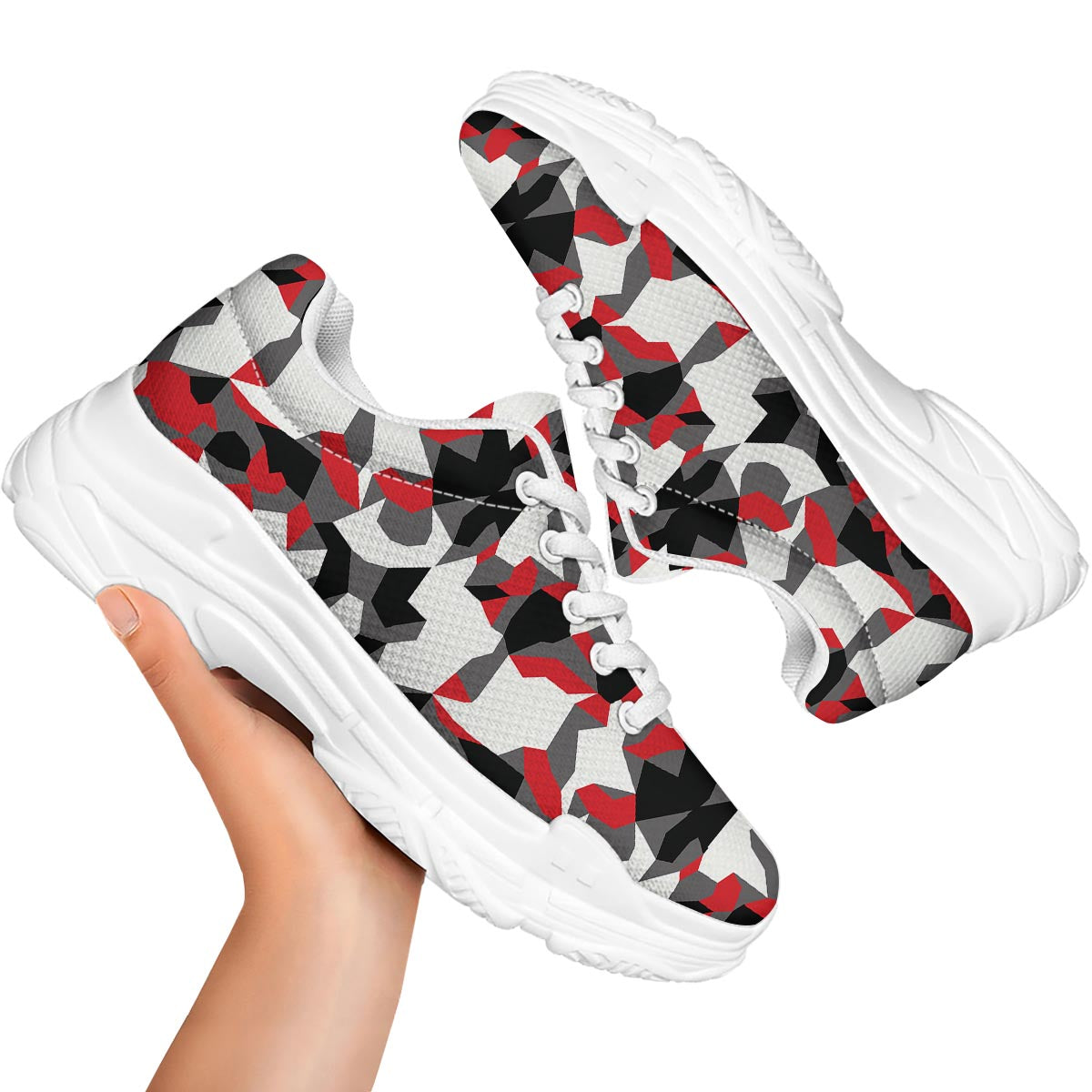 Digital Camo Grey And Red Print Pattern White Chunky Shoes-grizzshop
