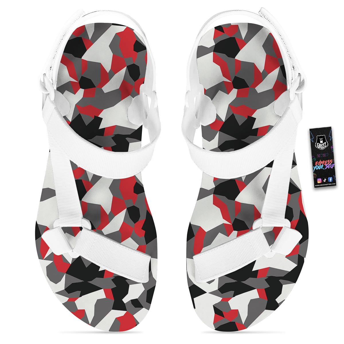 Digital Camo Grey And Red Print Pattern White Open Toe Sandals-grizzshop