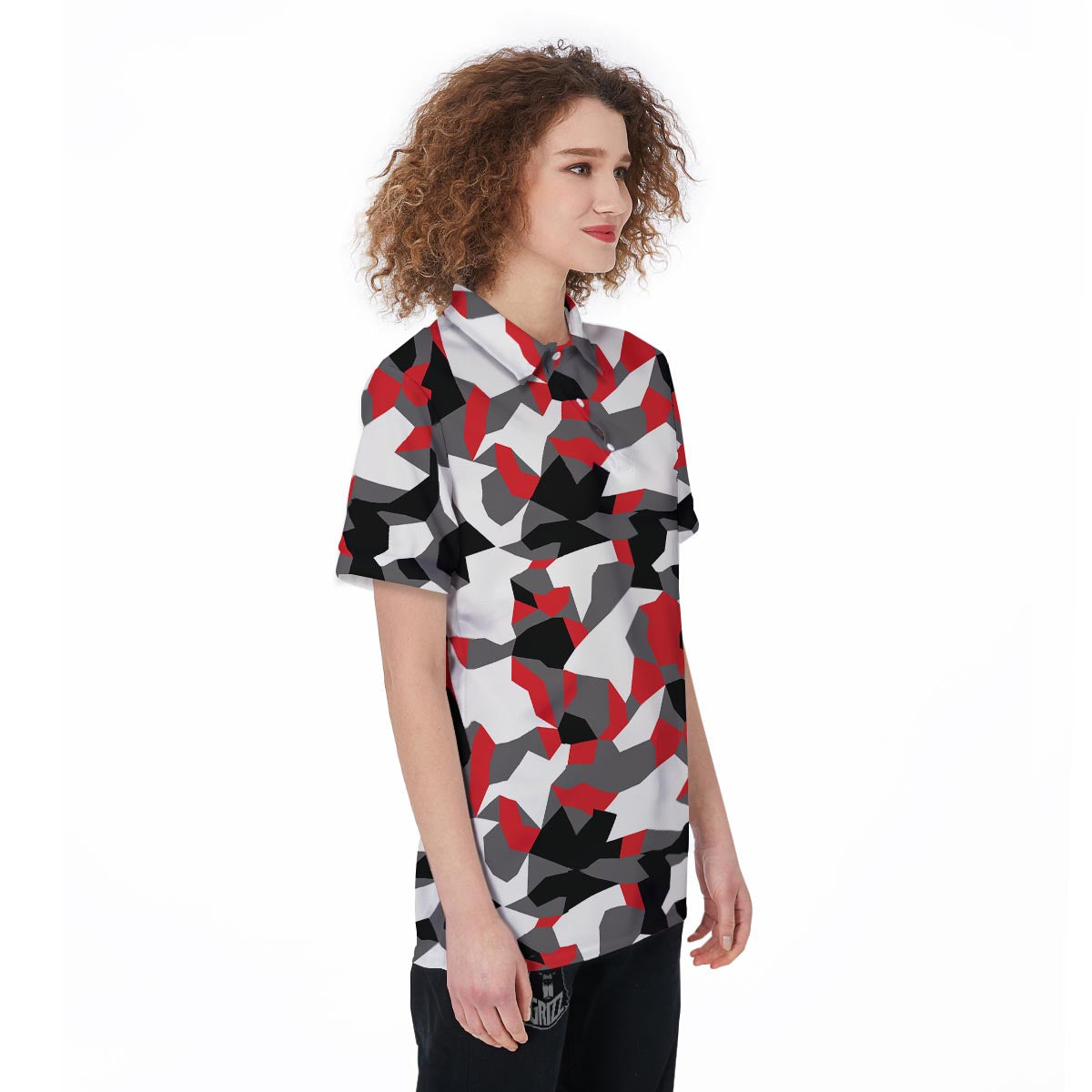 Digital Camo Grey And Red Print Pattern Women's Golf Shirts-grizzshop
