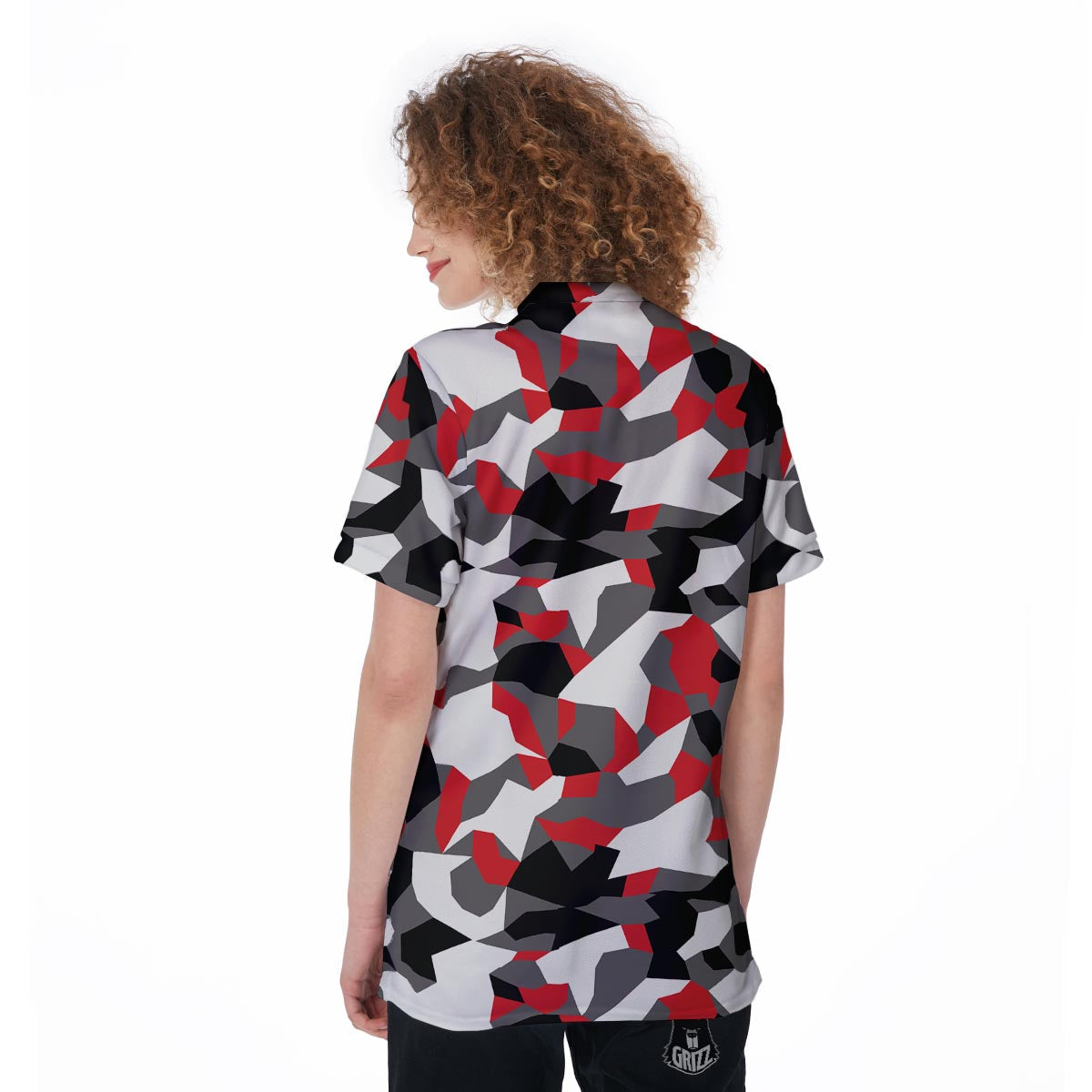 Digital Camo Grey And Red Print Pattern Women's Golf Shirts-grizzshop