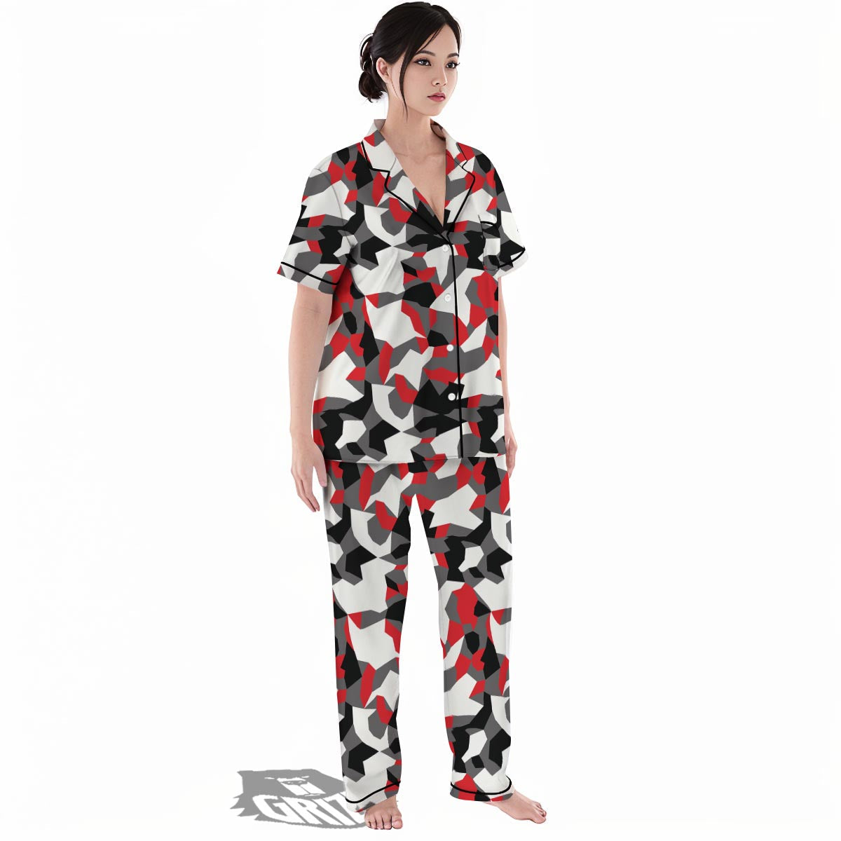 Digital Camo Grey And Red Print Pattern Women's Pajamas Set-grizzshop