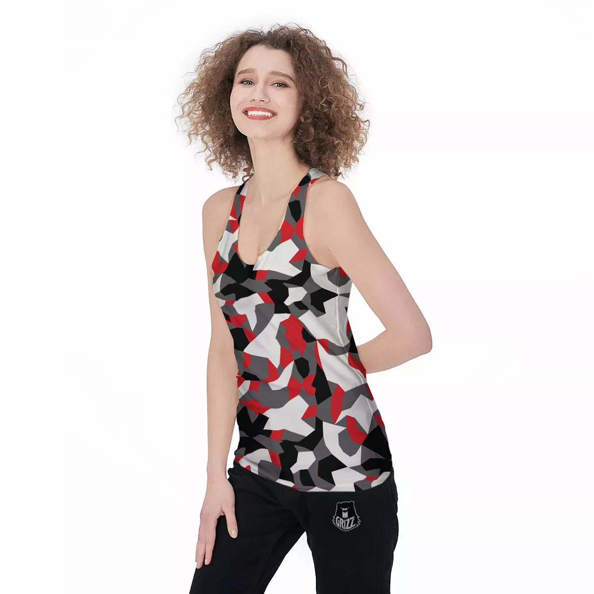 Digital Camo Grey And Red Print Pattern Women's Racerback Tank Top-grizzshop
