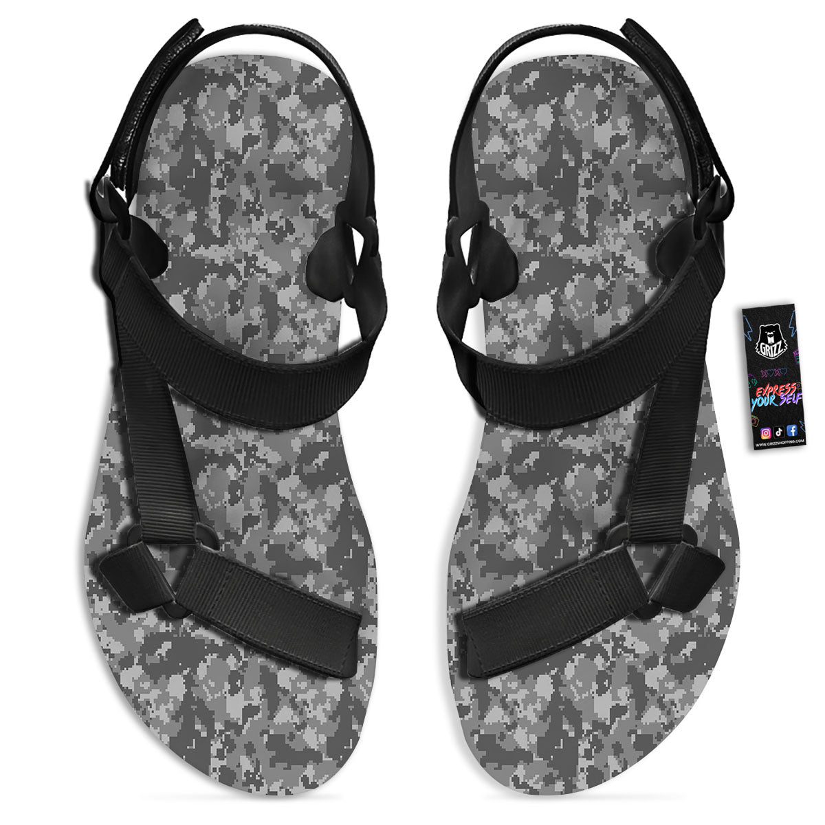 Digital Camo Grey Print Pattern Black Open Toe Sandals-grizzshop