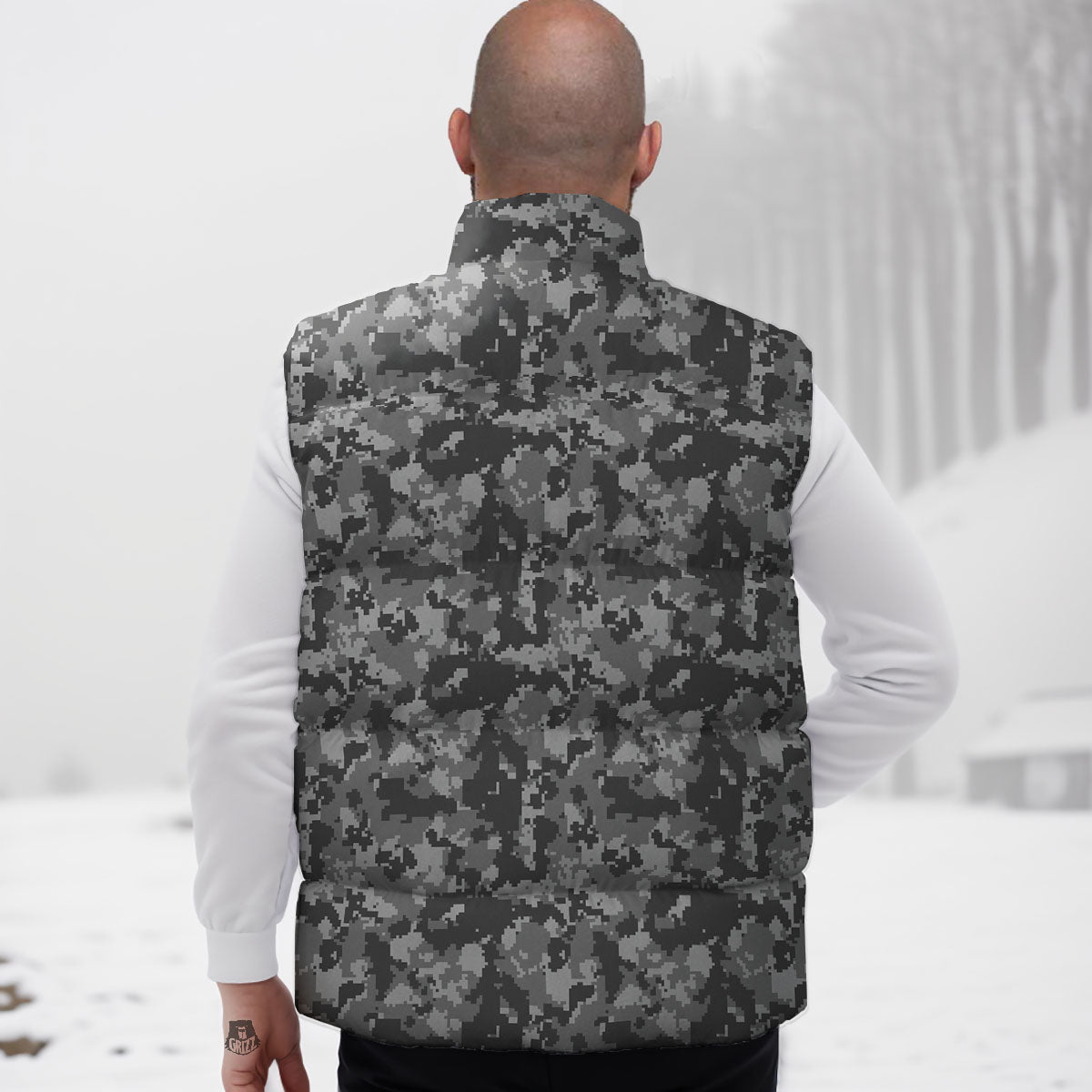 Digital Camo Grey Print Pattern Down Vest-grizzshop