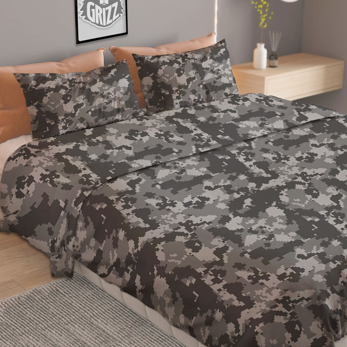 Digital Camo Grey Print Pattern Duvet Cover Bedding Set