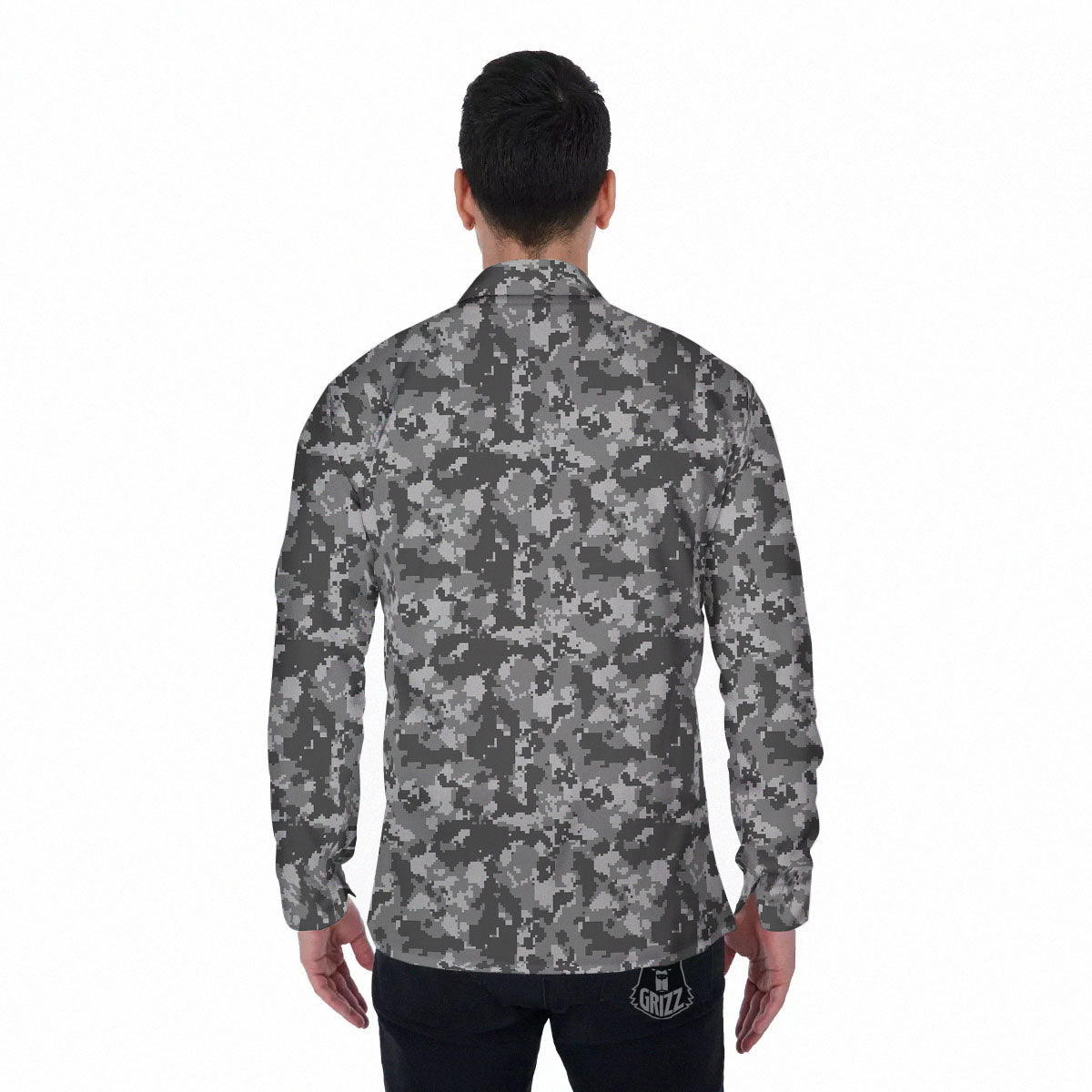 Digital Camo Grey Print Pattern Men's Long Sleeve Shirts-grizzshop