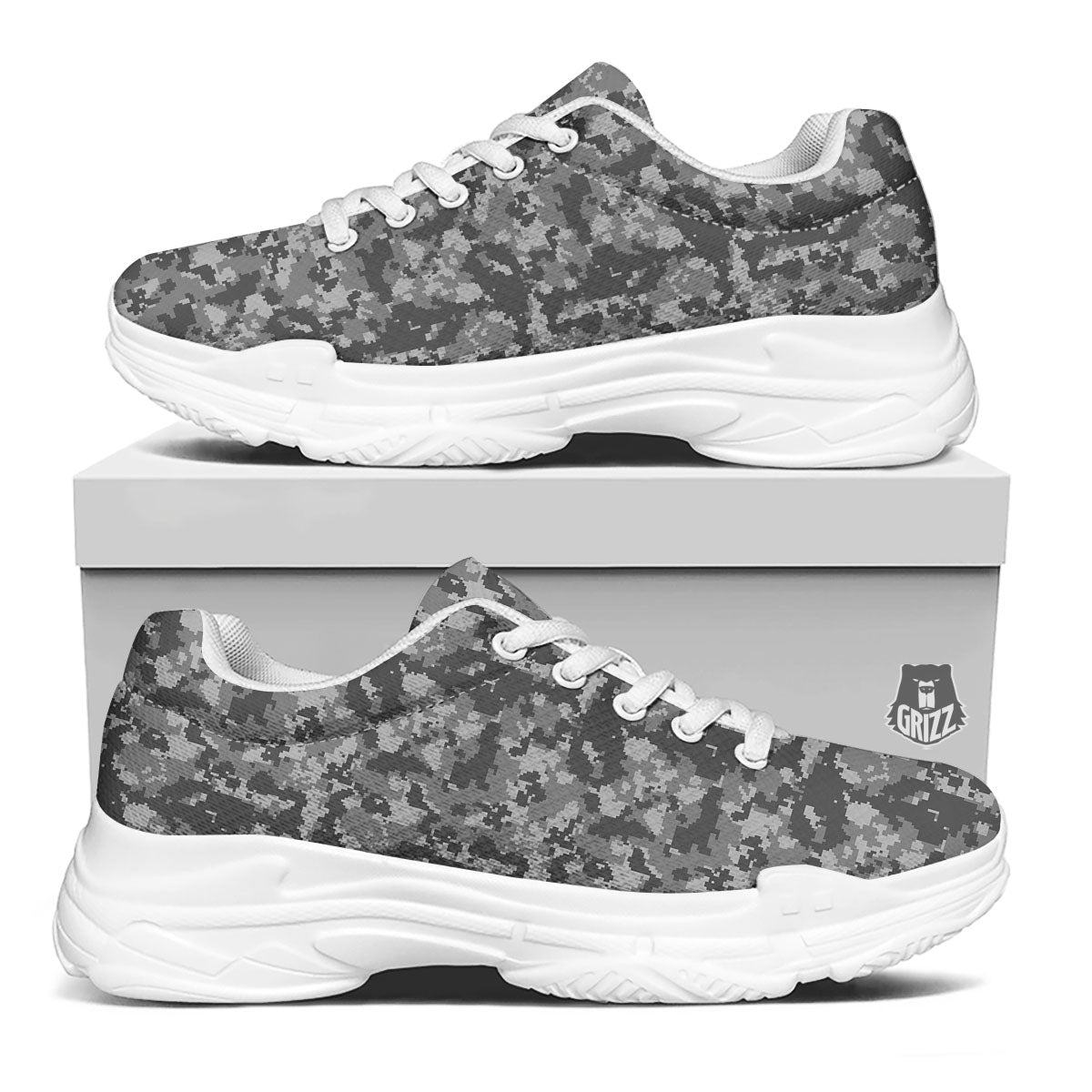Digital Camo Grey Print Pattern White Chunky Shoes-grizzshop