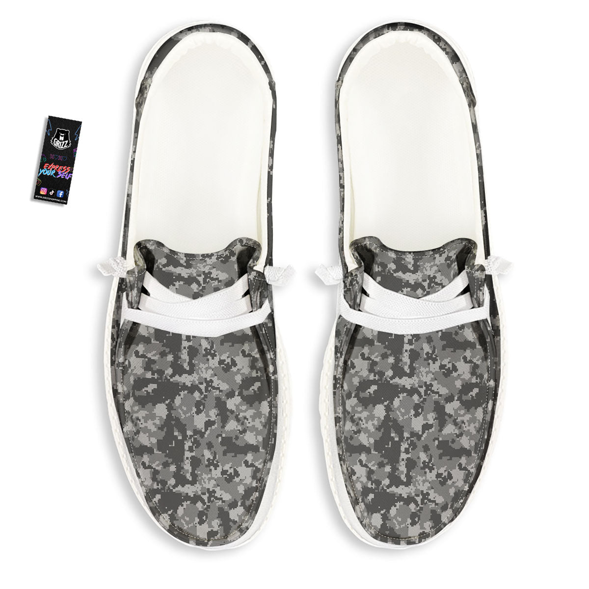 Digital Camo Grey Print Pattern White Loafers-grizzshop