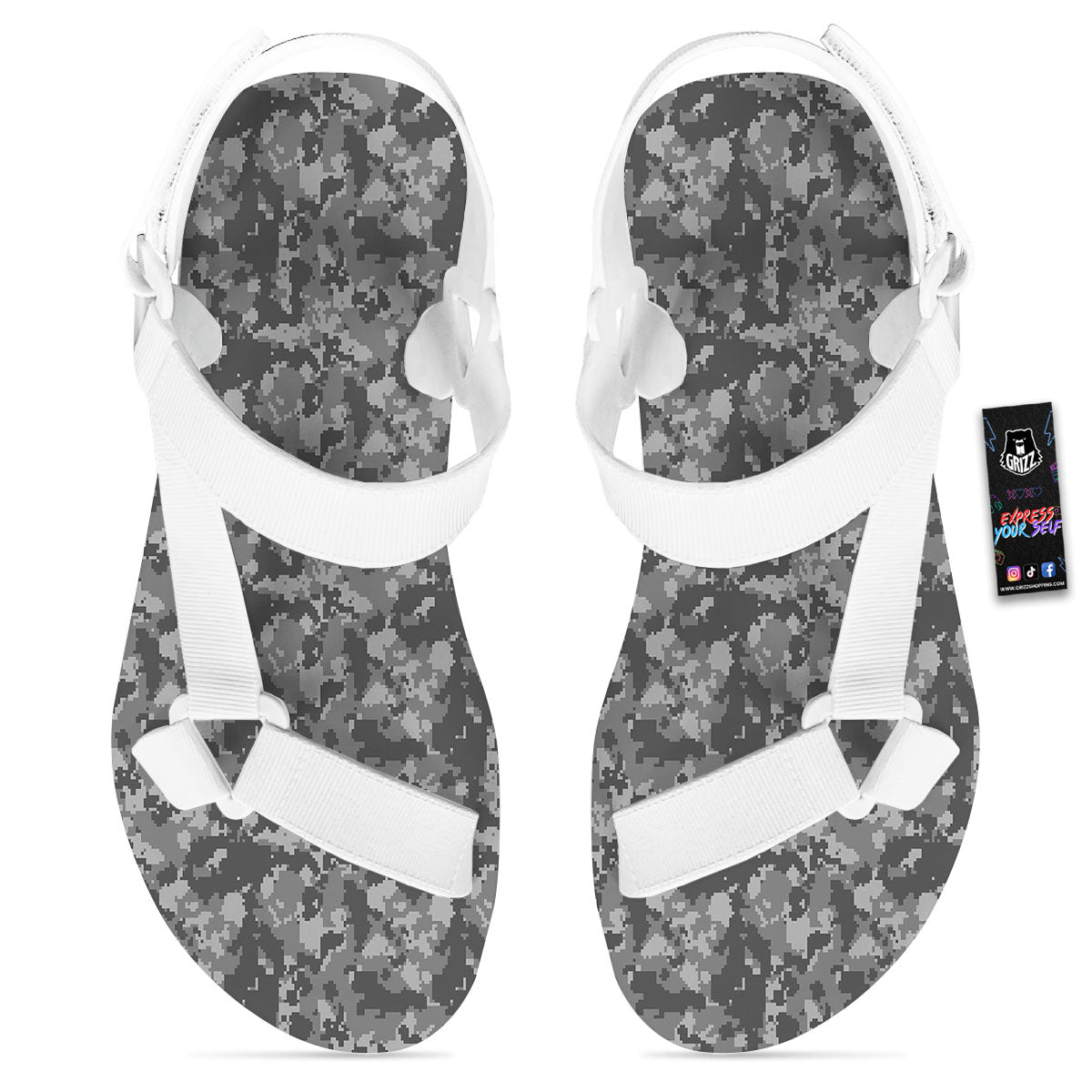 Digital Camo Grey Print Pattern White Open Toe Sandals-grizzshop