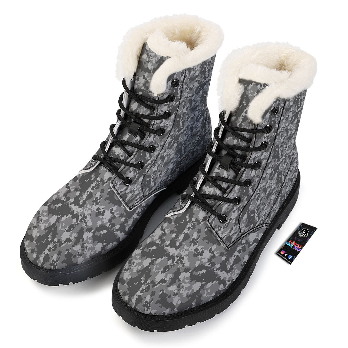 Digital Camo Grey Print Pattern Winter Boots-grizzshop