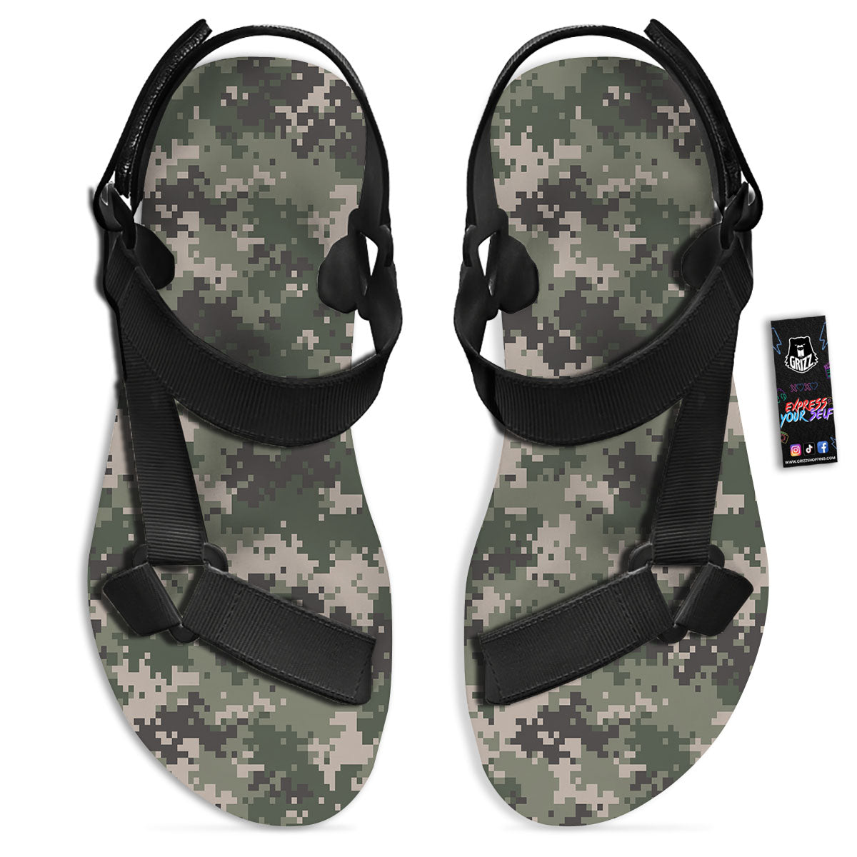 Digital Camo Military Print Pattern Black Open Toe Sandals-grizzshop