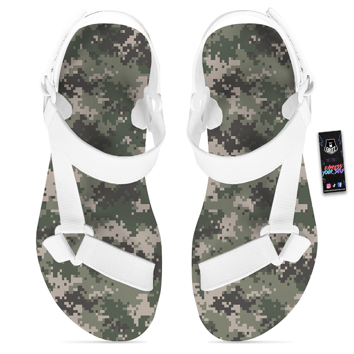Digital Camo Military Print Pattern White Open Toe Sandals-grizzshop