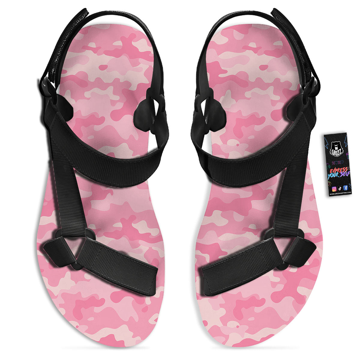 Digital Camo Pink Print Pattern Black Open Toe Sandals-grizzshop