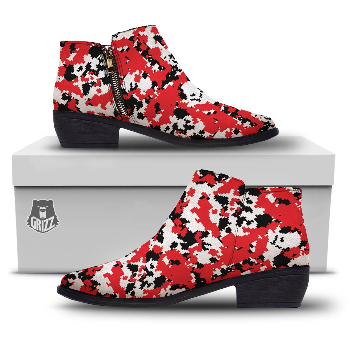 Digital Camo Red White And Black Print Pattern Ankle Boots-grizzshop
