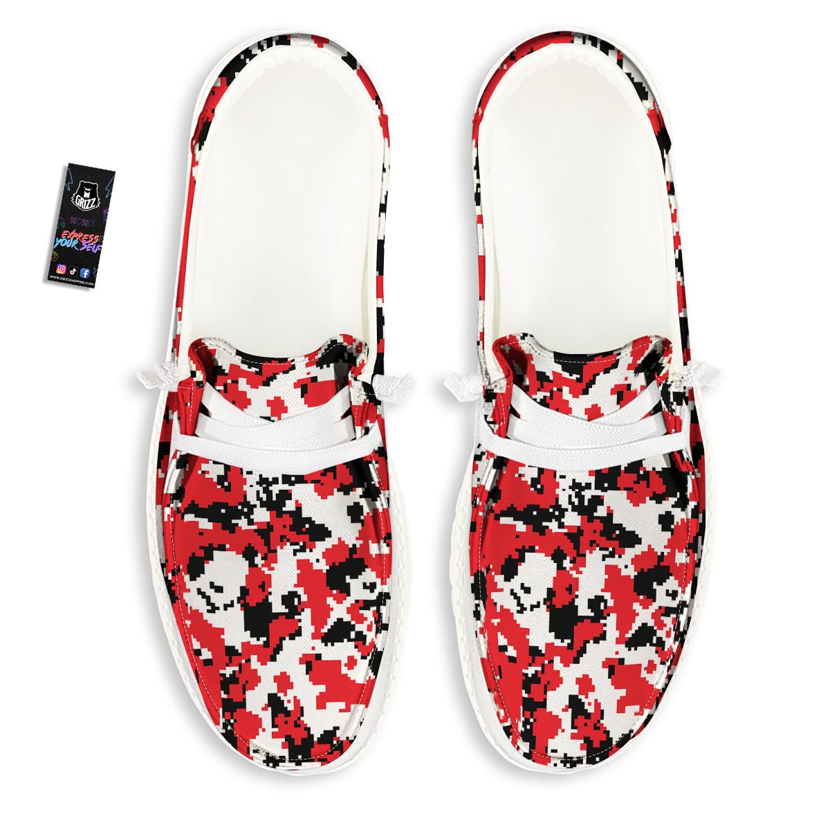 Digital Camo Red White And Black Print Pattern Black Loafers-grizzshop