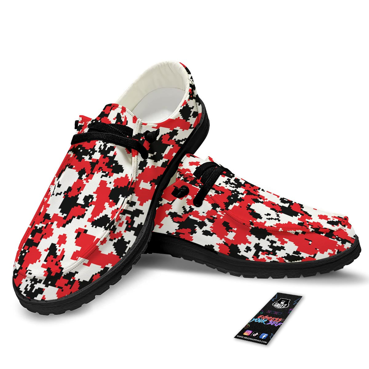 Digital Camo Red White And Black Print Pattern Black Loafers-grizzshop