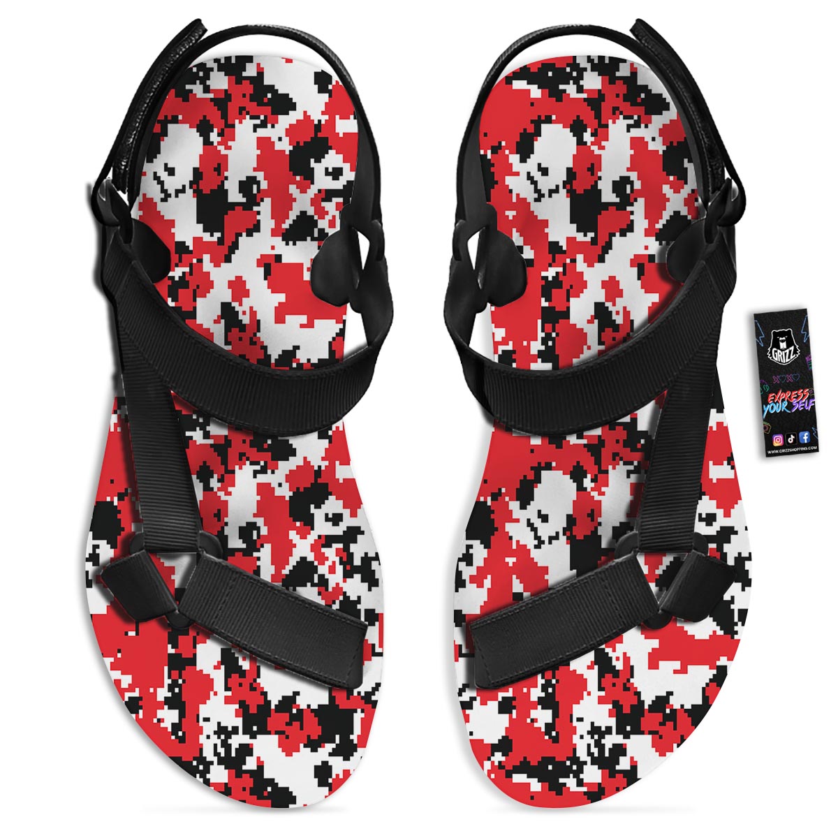 Digital Camo Red White And Black Print Pattern Black Open Toe Sandals-grizzshop