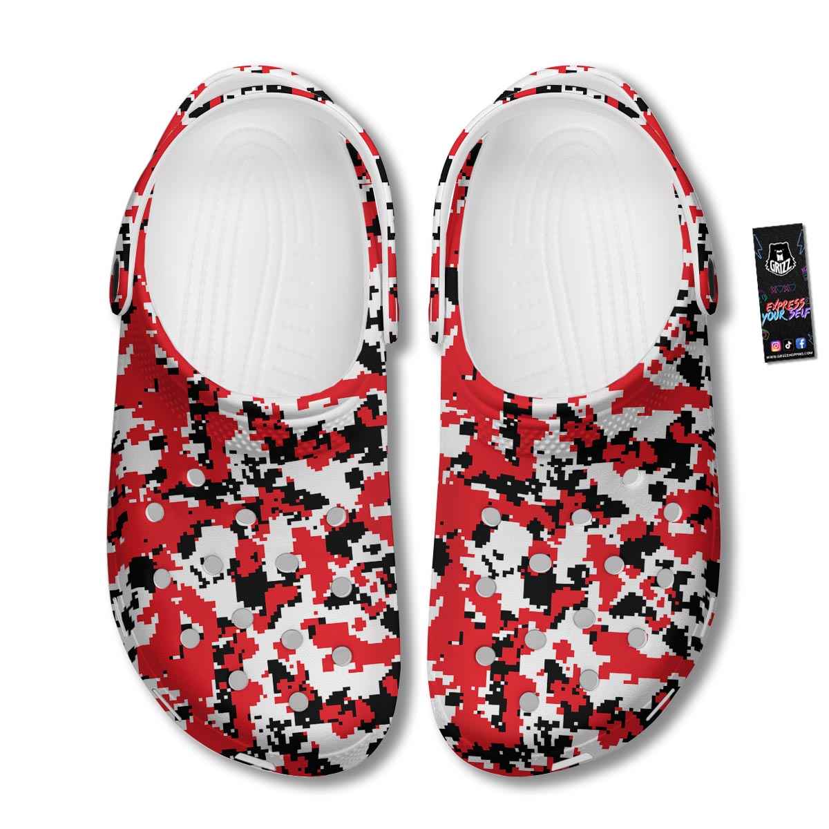 Digital Camo Red White And Black Print Pattern Clog-grizzshop