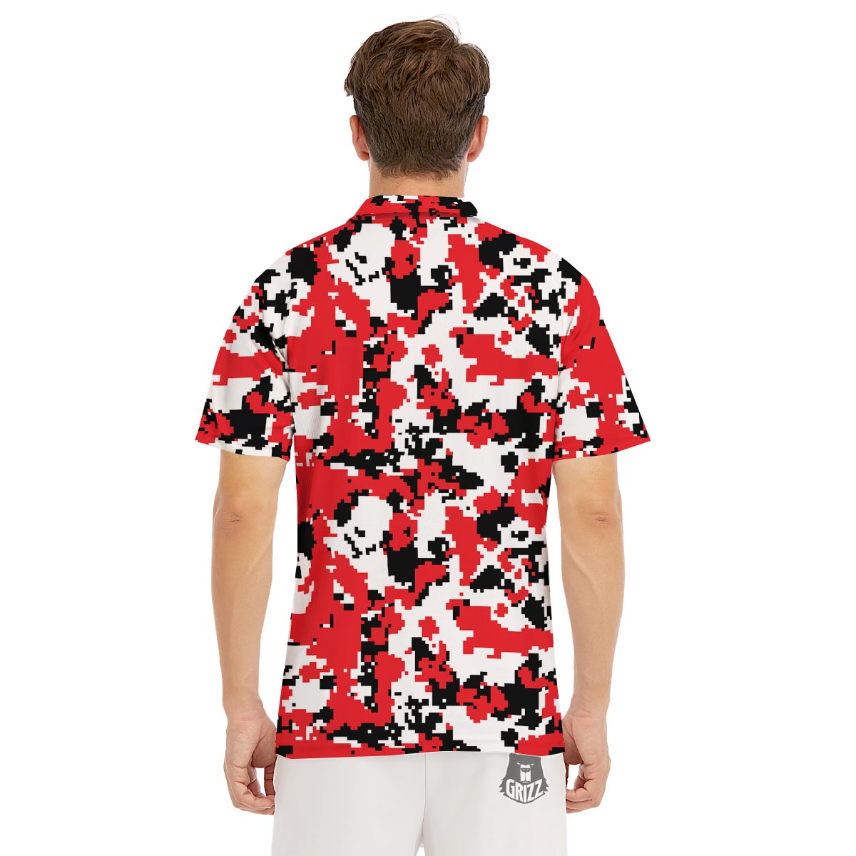 Digital Camo Red White And Black Print Pattern Men's Golf Shirts-grizzshop