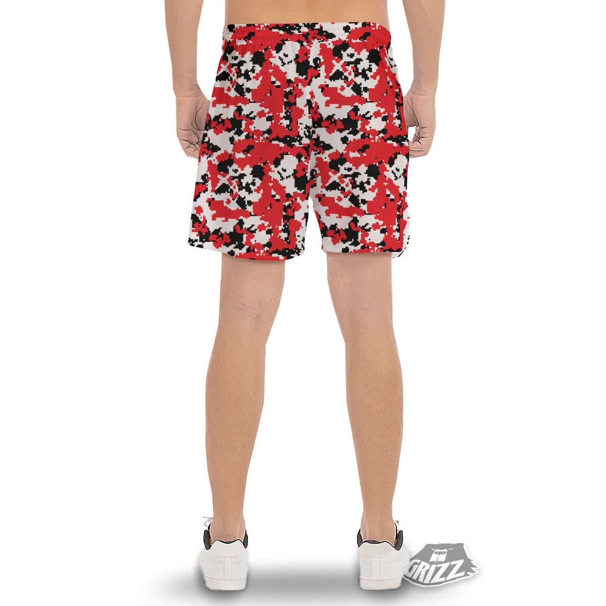 Digital Camo Red White And Black Print Pattern Men's Gym Shorts-grizzshop