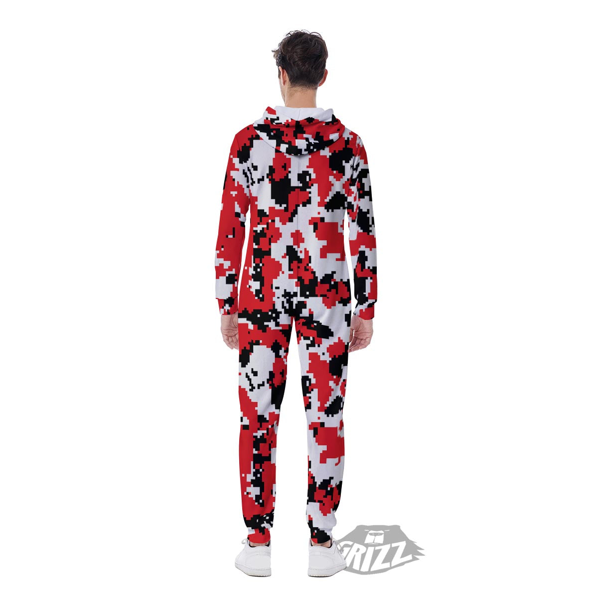 Digital Camo Red White And Black Print Pattern Men's Jumpsuit-grizzshop