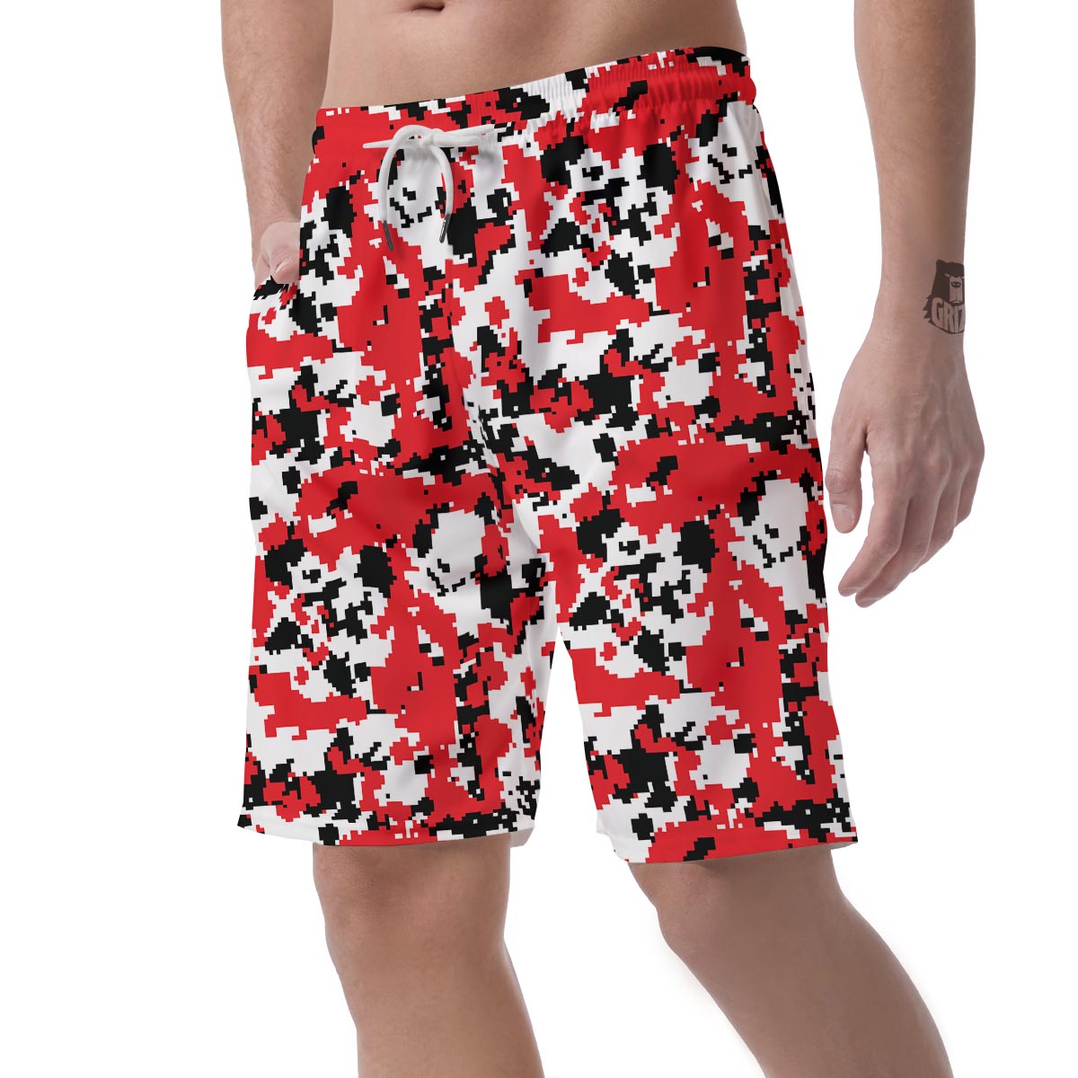 Digital Camo Red White And Black Print Pattern Men's Shorts-grizzshop