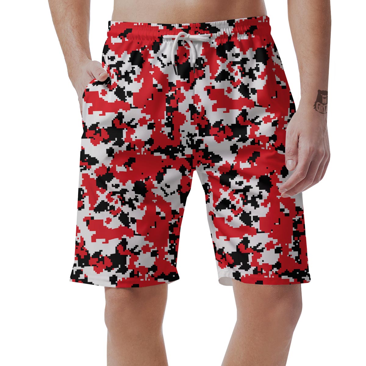 Digital Camo Red White And Black Print Pattern Men's Shorts-grizzshop