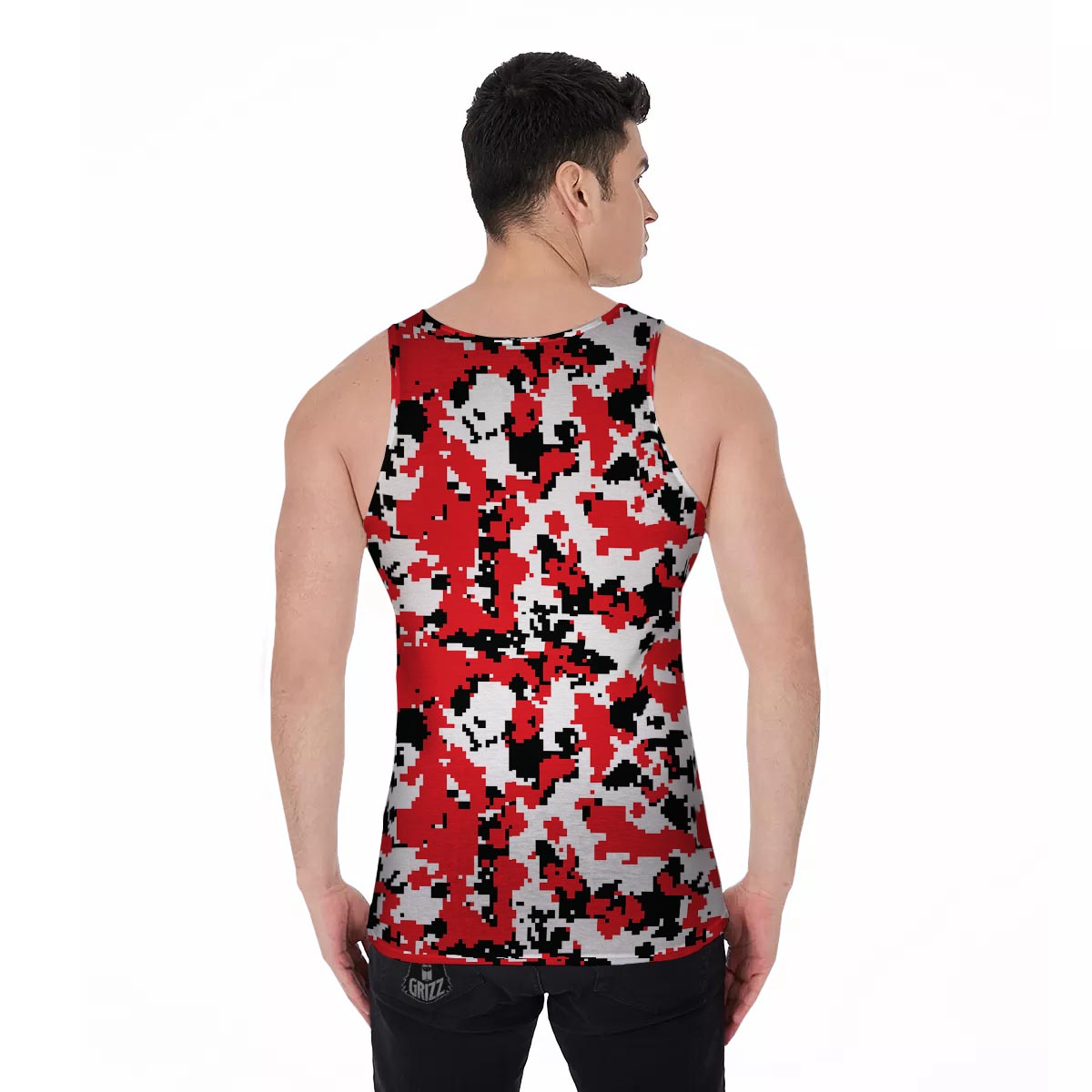 Digital Camo Red White And Black Print Pattern Men's Tank Top-grizzshop