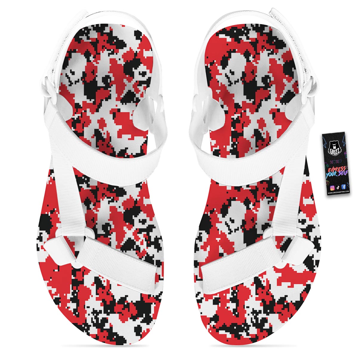 Digital Camo Red White And Black Print Pattern White Open Toe Sandals-grizzshop