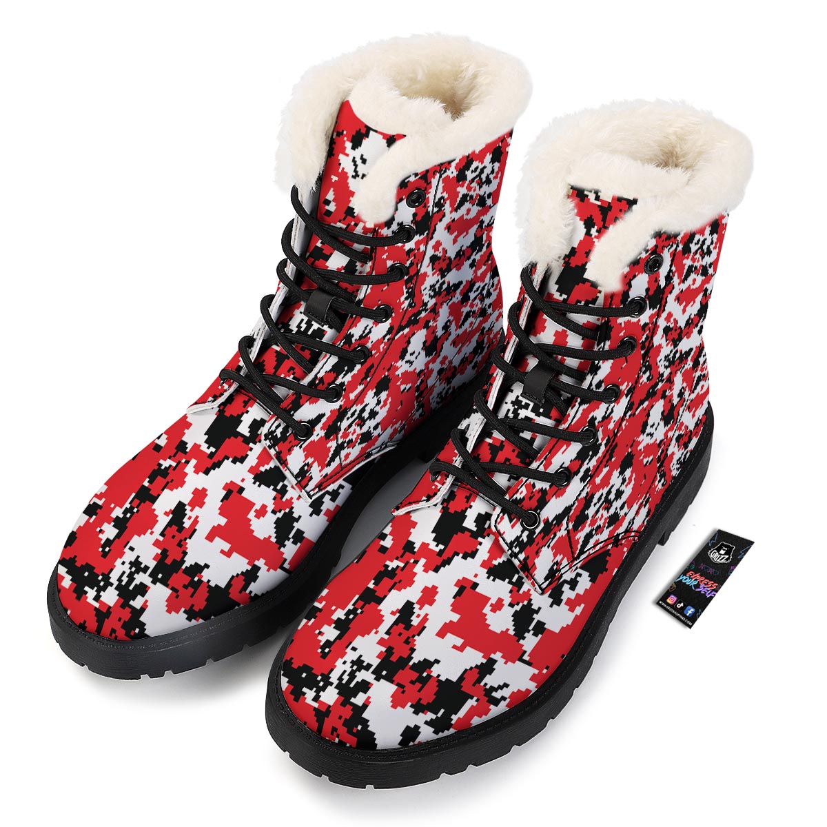 Digital Camo Red White And Black Print Pattern Winter Boots-grizzshop