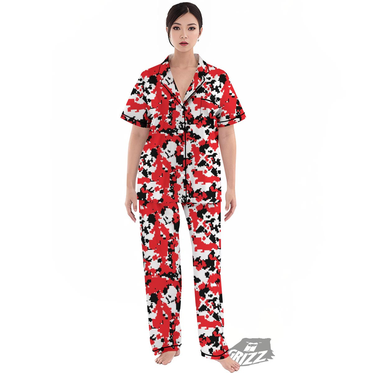 Digital Camo Red White And Black Print Pattern Women's Pajamas Set-grizzshop