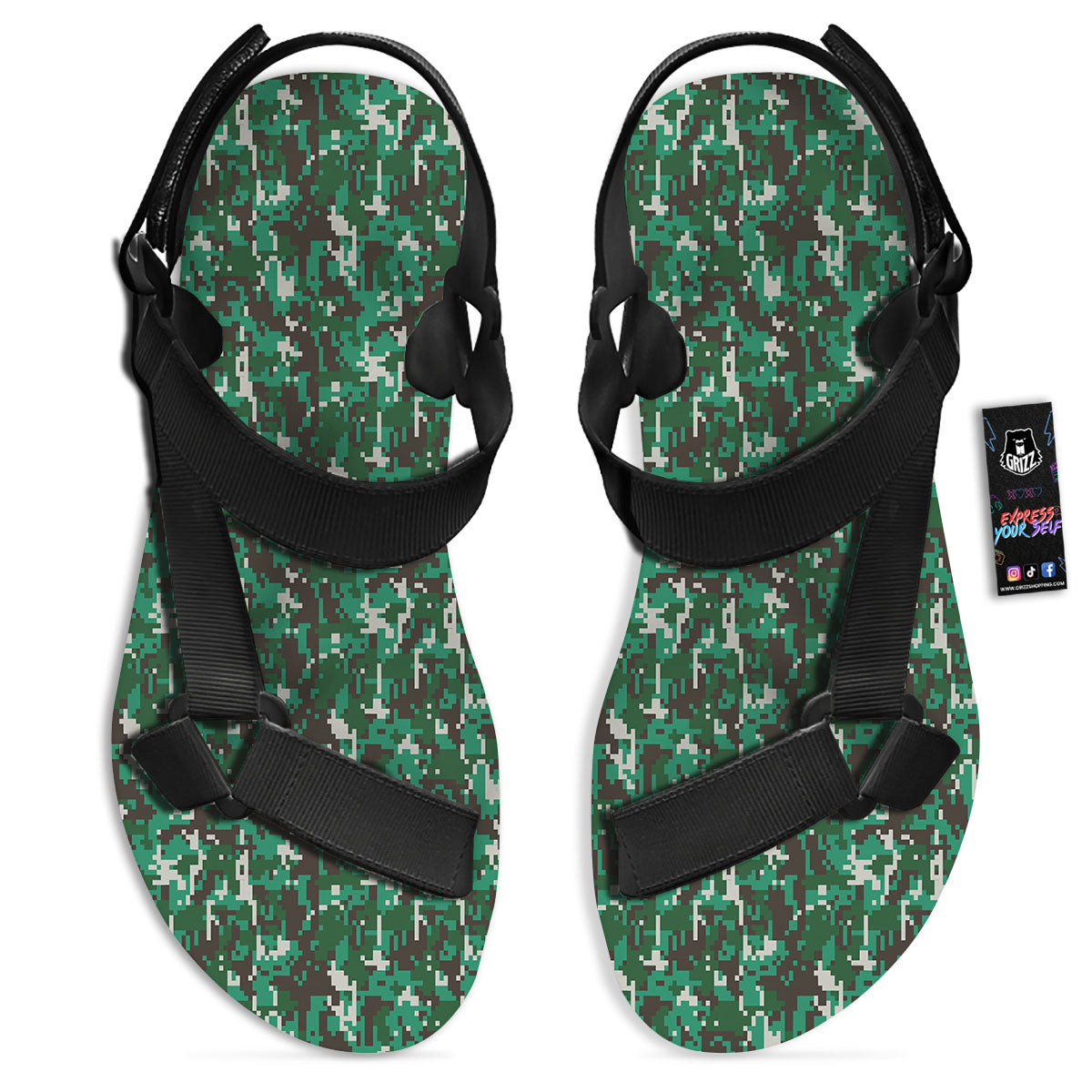 Digital Camo White And Green Print Black Open Toe Sandals-grizzshop