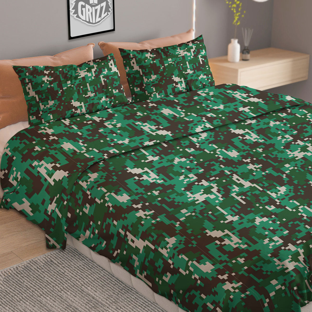 Digital Camo White And Green Print Duvet Cover Bedding Set