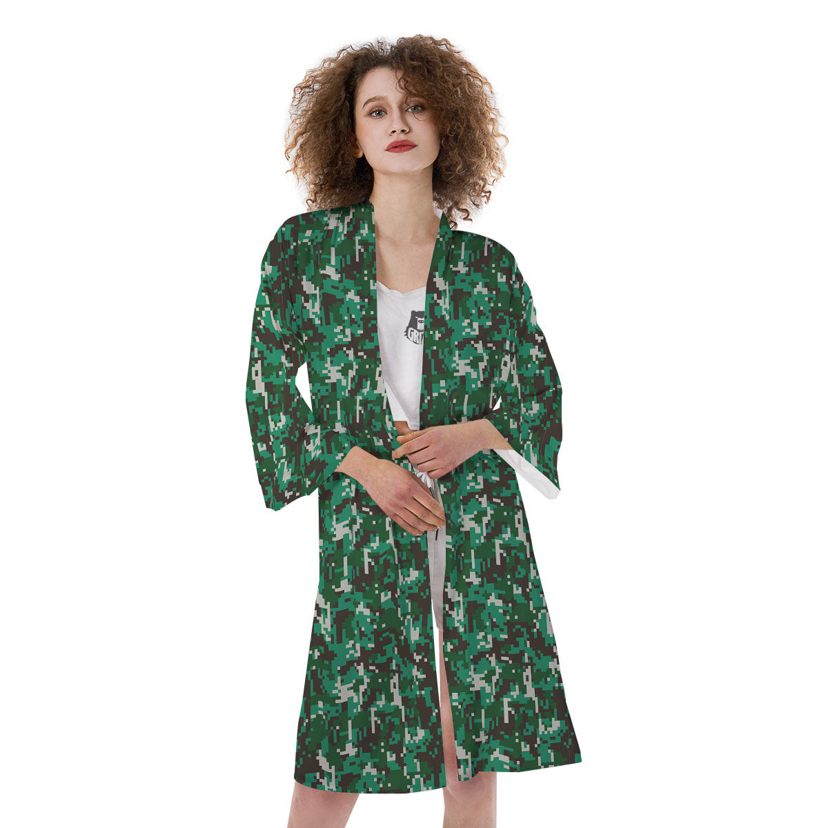 Digital Camo White And Green Print Kimono-grizzshop