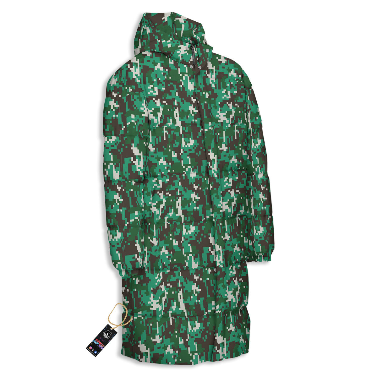 Digital Camo White And Green Print Long Down Jacket-grizzshop
